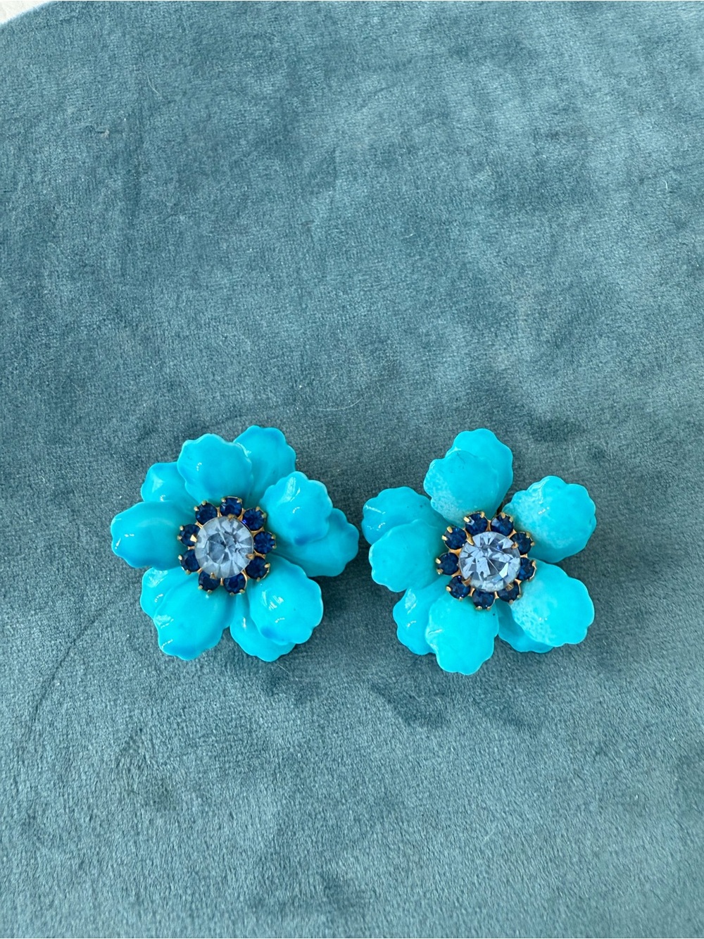 Vintage Turquoise Floral Crystal Clip-On Earrings